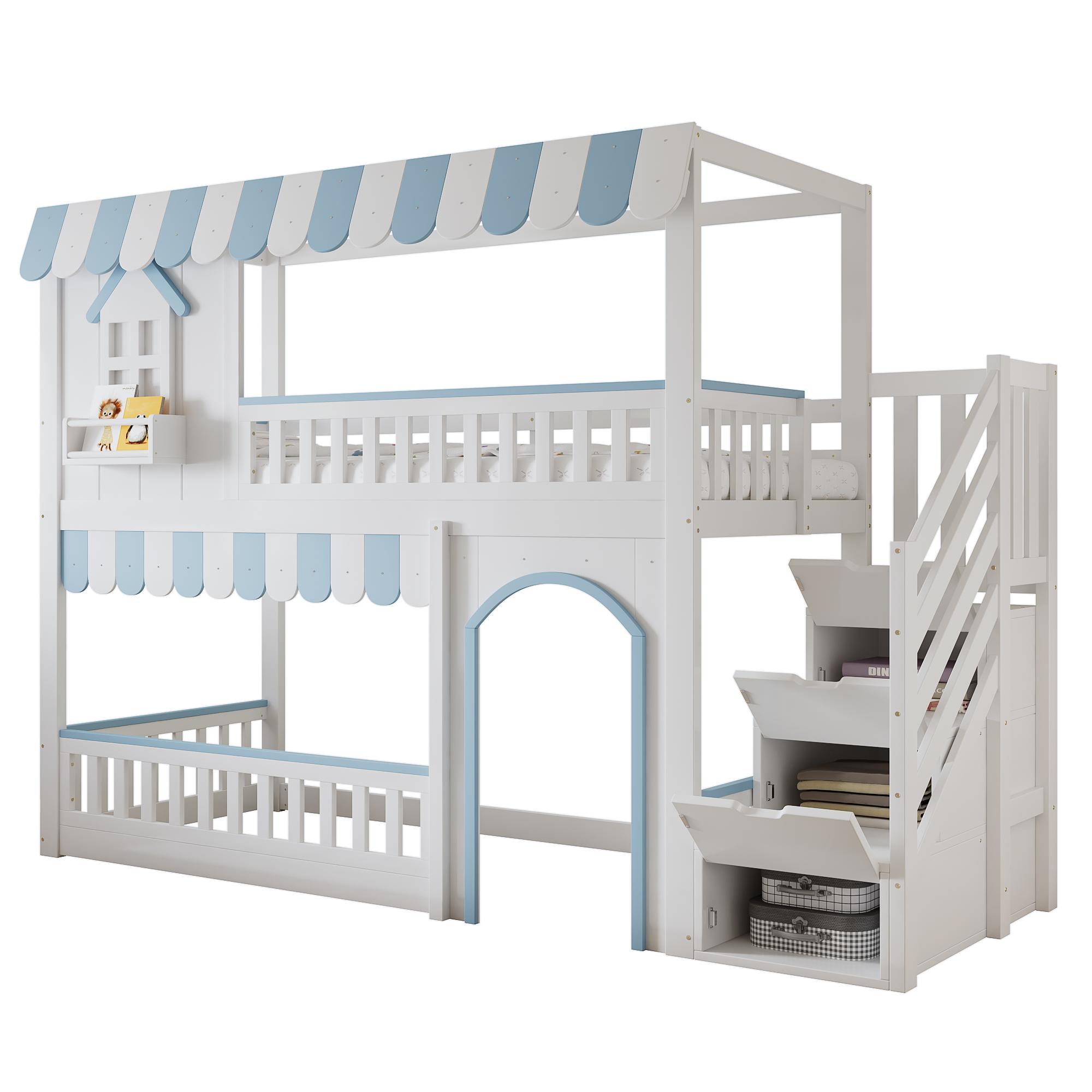Etagenbett mit Regal, Schrank, Lattenrost und Treppe, 90x200cm, Kinderbett mit Rausfallschutz, Hochbett, Kiefer