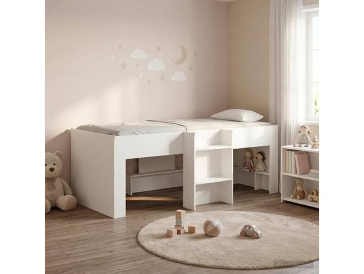 RJPLMFV Hochbettgestell für Kinder, Weiß, 80 x 200 cm Holzwerkstoff, integrierte Leiter, Unterbettaufbewahrung, TPE-Schutz, ohne Matratze