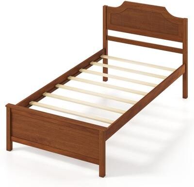 Costway Multiple Size Solid Wood Platform Bed Frame with Headboard in Walnut-Twin Size