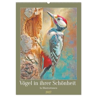 Vögel in ihrer Schönheit - Illustrationen (Wandkalender 2027 DIN A2 hoch), CALVENDO Monatskalender