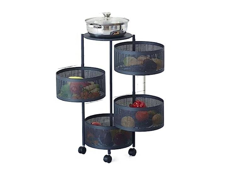 DFHetFH Rollwagen Mehrschichtiges Lagerregal Aus Metall, Drehbarer Korb, Organizer, Wagen, Boden, Gemüse, Obstregal Mit Rädern Küchenwagen(Black,4-Tier)