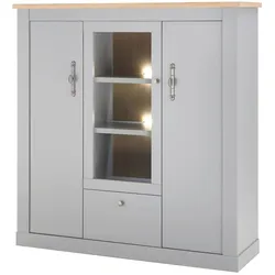 HIGHBOARD grau, Artisan Eiche Landhaus 138 cm, Vitrine mit 11 Fächern