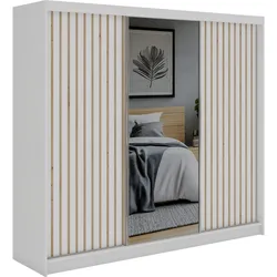 SCHWEBETÜRENSCHRANK mit Spiegel LAOS - 240 - Weiß - Eiche Artisan Lamellen