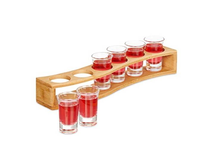 Relaxdays shotglaasjes met houder, set van 6, herbruikbare borrelglaasjes, schnaps glazen, 4 cl, glas en bamboe, natuur