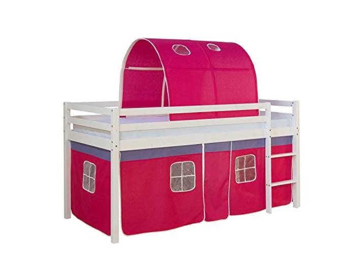 Homestyle4u Kinderbett 90x200 Weiß Pink - Hochbett mit Leiter & Tunnel