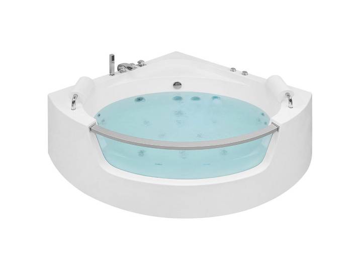 Beliani Whirlpool Badewanne mit LED 136x187x63 cm weiß Mangle, Weiß, Kunststoff, Dreieckig, 136x63x187 cm, Badezimmer, Baden & Duschen, Badewannen