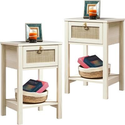 No White Nightstand Set of 2 Rattan Decor Drawer