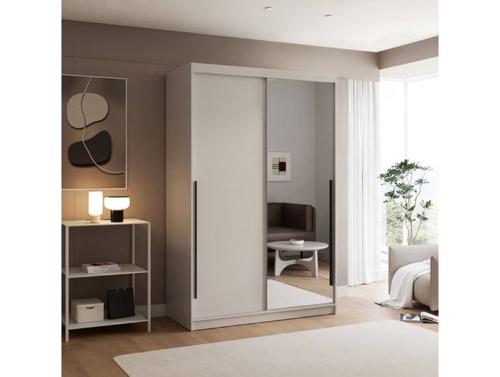 Armoire SILENTE 140cm - avec miroir - LED - portes coulissantes - Cachemire