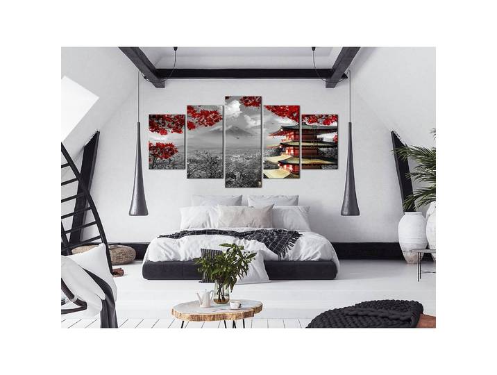 Wandbild Japanese Adventure 5-teilig Holzwerkstoff & Textil Schwarz/Weiß 200 x 100cm