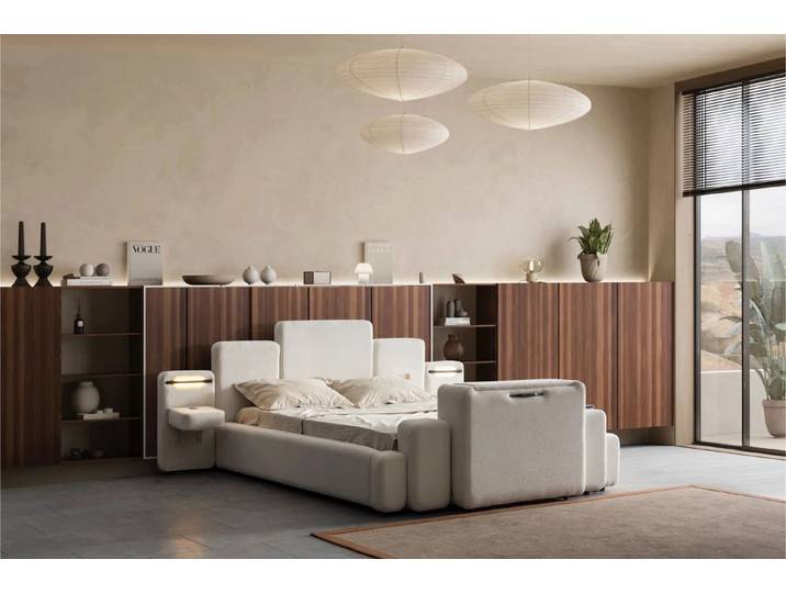 Bermo Home Bettgestell Perla (Set, Perla Bettgestell (inkl. LED-Konsolen, Kissen & Fußteil), Inkl. LED-Nachtkonsolen & gepolstertem Fußteil