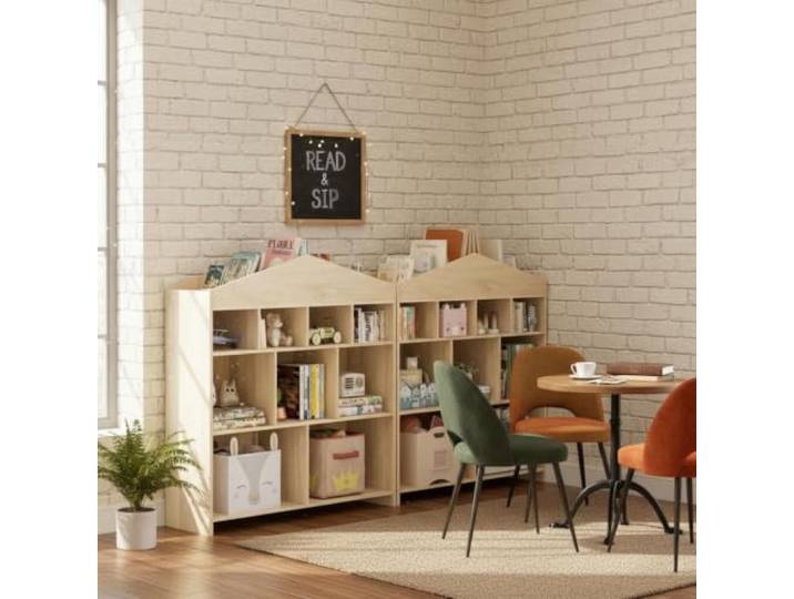 Koioplie Kinder-Bücherregal & Spielzeugregal in Hausform aus Holz, 4 Ebenen, 15 offene Fächer fürs Kinderzimmer/Spielzimmer/Kita Naturholz