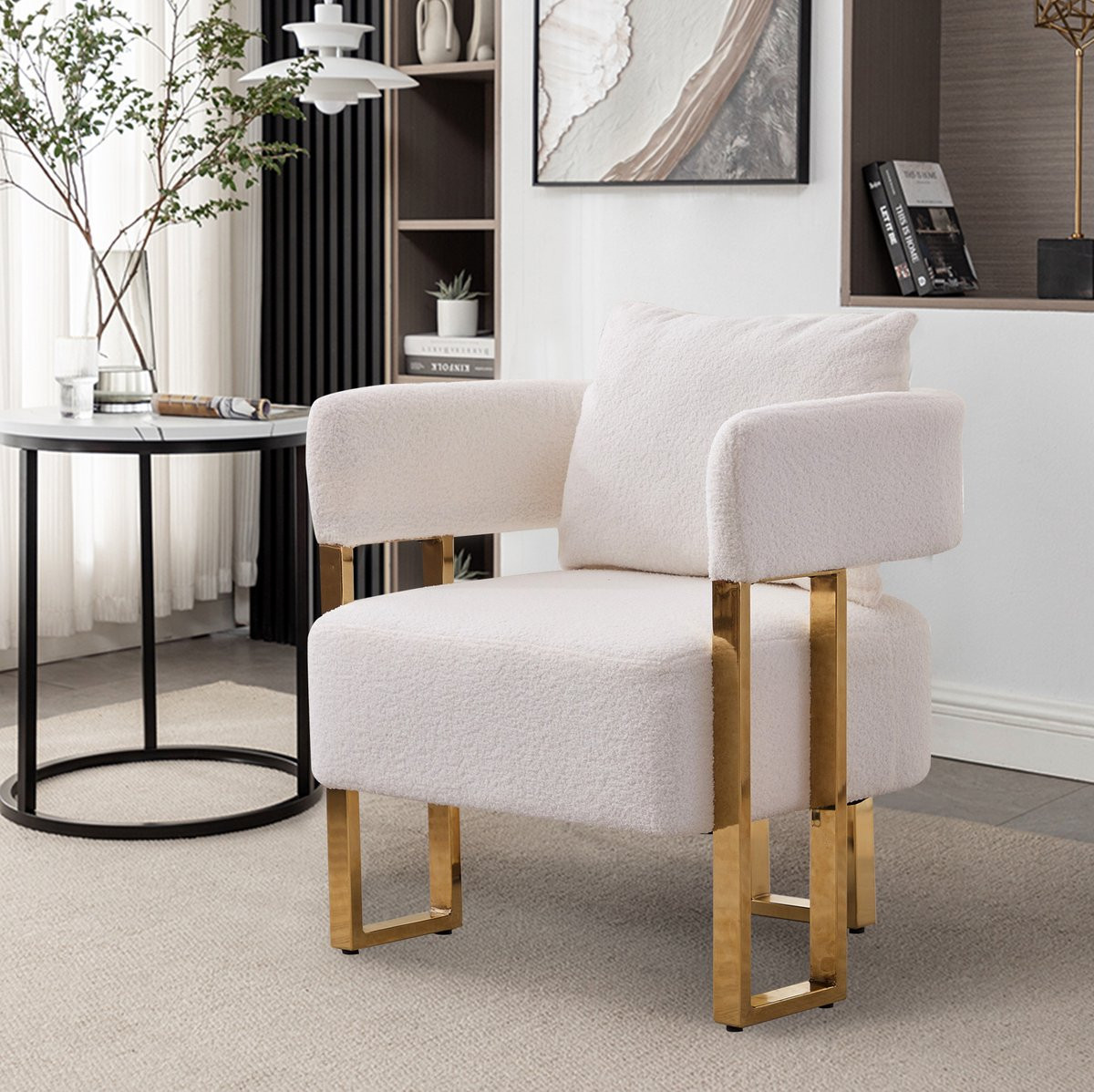 OKWISH Fauteuil Wit Velvet met Metalen Frame en Armleuningen