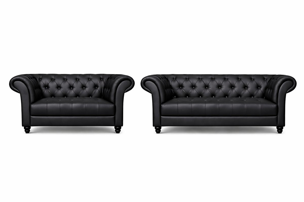 Chesterfield Banken Set 2 & 3 Zits met Curve Armleuningen - Zwart