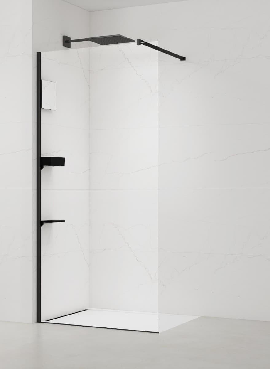 SAT Duschabtrennung Walk-In Dusche 100 cm mit Ablage und Spiegel, Schwarz
