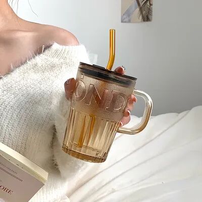 Uplifted Trends Retro Glass Tumbler With Lid And Straw Reusable Juice And Coffee Cup Transparent Green Glass Mug amber