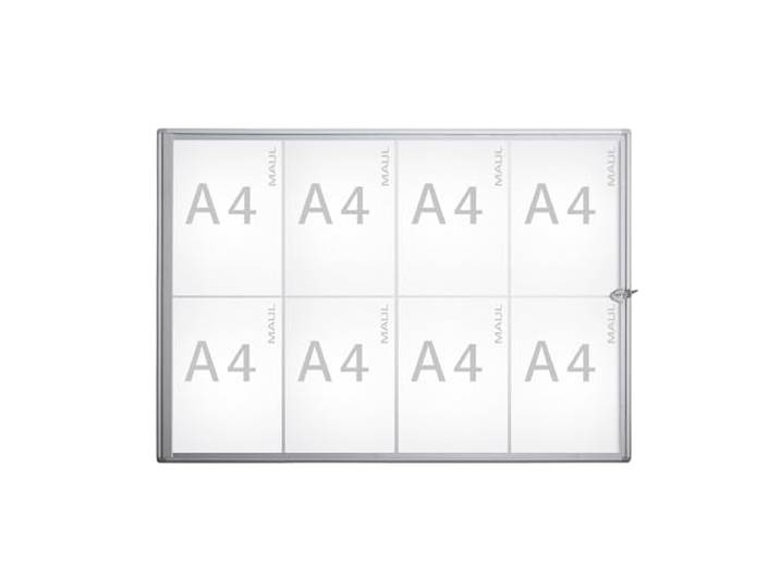 Maul Schaukasten 8xA4 Silber MAULextraslim abschließbar flach mit Alurahmen extra flache Wandmontage, sicher abschließbar, 2 Schlüssel, magnethaftende Rückwand, beschriftbar und abwischbar, klare Sicht