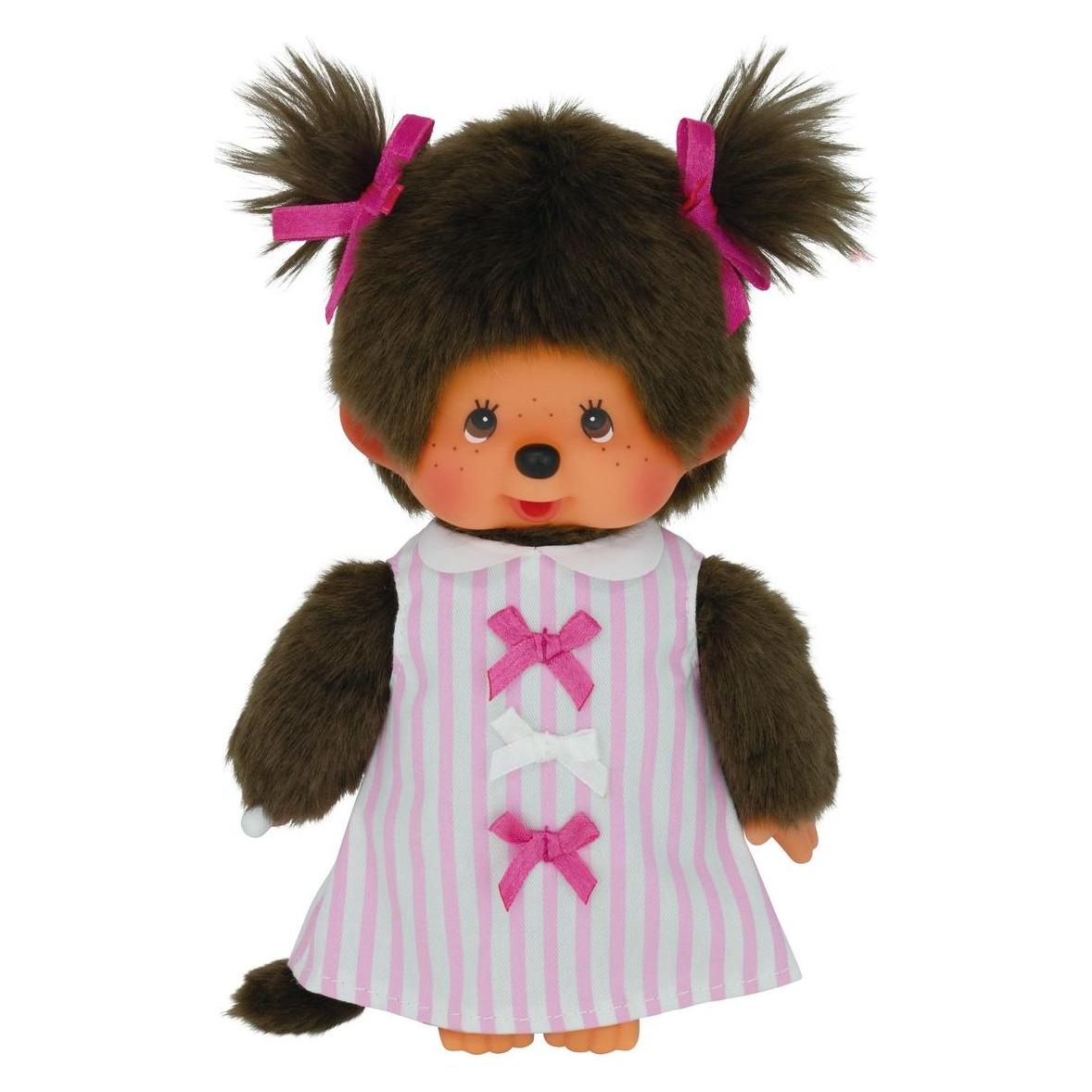 Monchhichi Sekiguchi 223589 Original Mädchen, aus braunem Plüsch, mit pink-weiss gestreiftem Kleid und Zöpfen m (20 cm) (21035732)