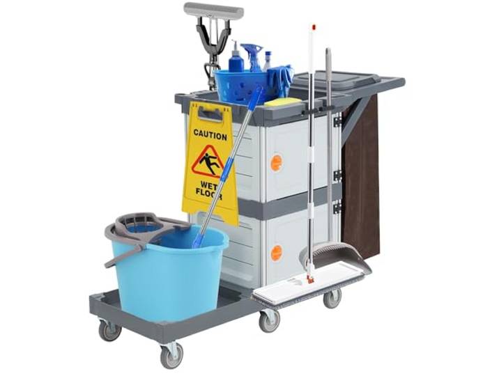 Putzwagen Reinigungswagen mit 3 Ebenen, Profi Servierwagen Mit Abdeckung & Vinylsack, Robuster Kunststoff Reinigungstrolley Haushaltswagen Für Hotel, Büro, Apartment, Gewerbe