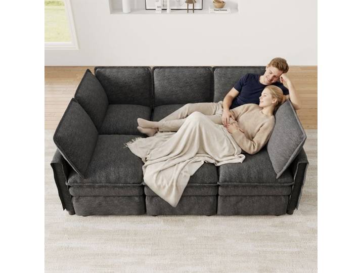Canapé d'Angle Modulable - 6 places XXL - 344x127x91 cm - Ressorts Ensachés - Chenille Grise