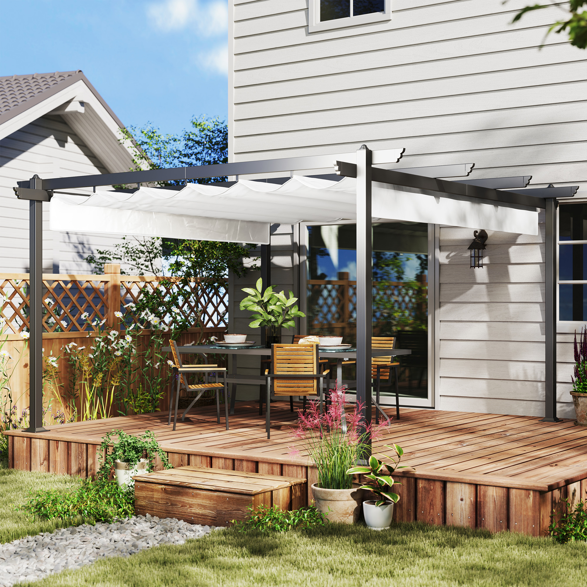 Outsunny Gazebo Pergola 4x4 m con Tettuccio Retrattile, 8 Viti e 8 Picchetti in Alluminio, Poliestere e Metallo, Bianco