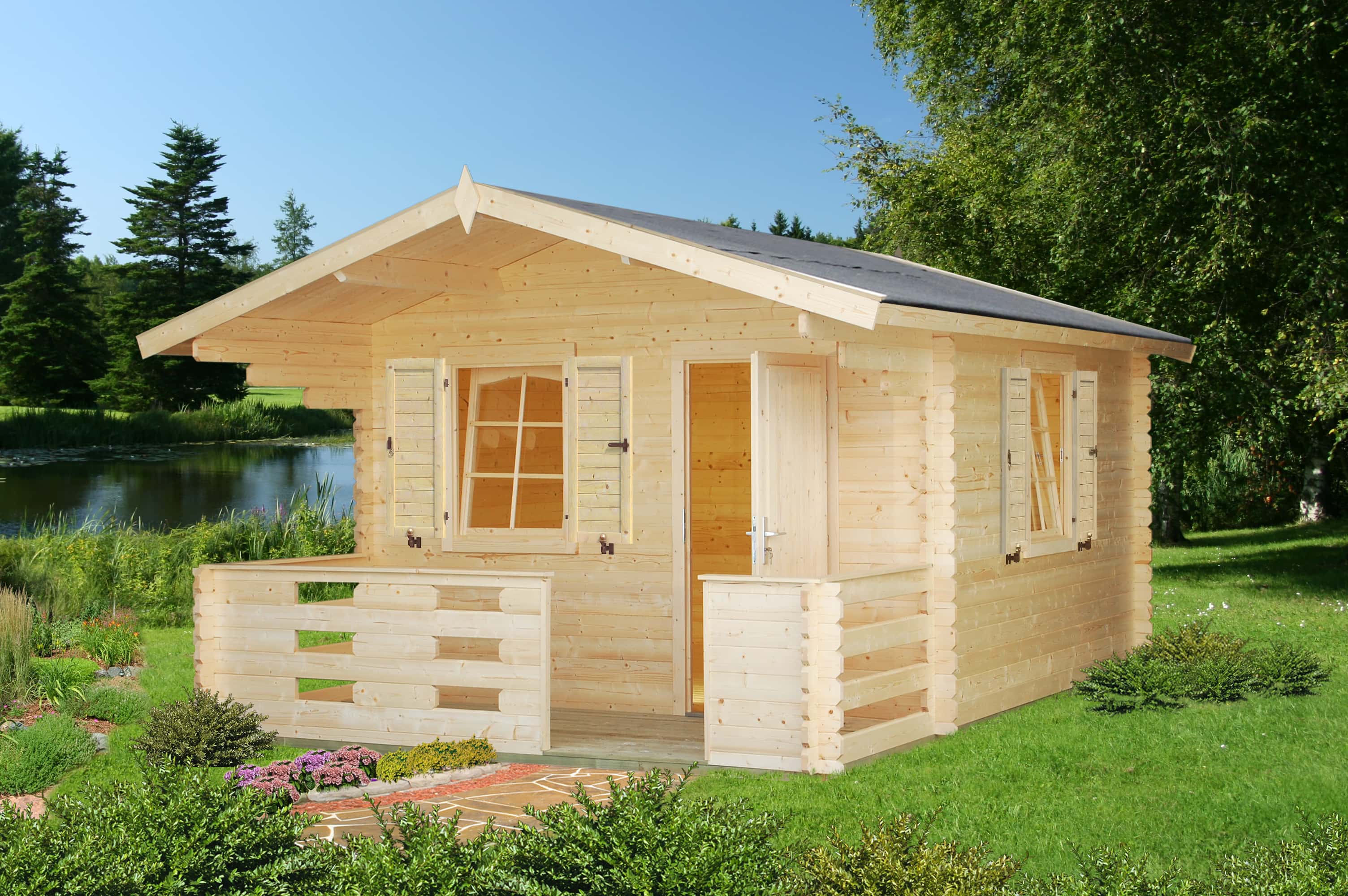 Palmako Gartenhaus Sylvi 10,4 + 4,2 m² Gartenhaus aus Holz, Holzhaus mit 34 mm Wandstärke inklusive Terrasse, Blockbohlenhaus mit Montagematerial
