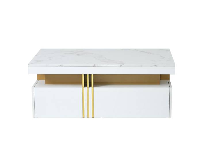 Table basse rectangulaire effet marbre blanche avec 2 tiroirs