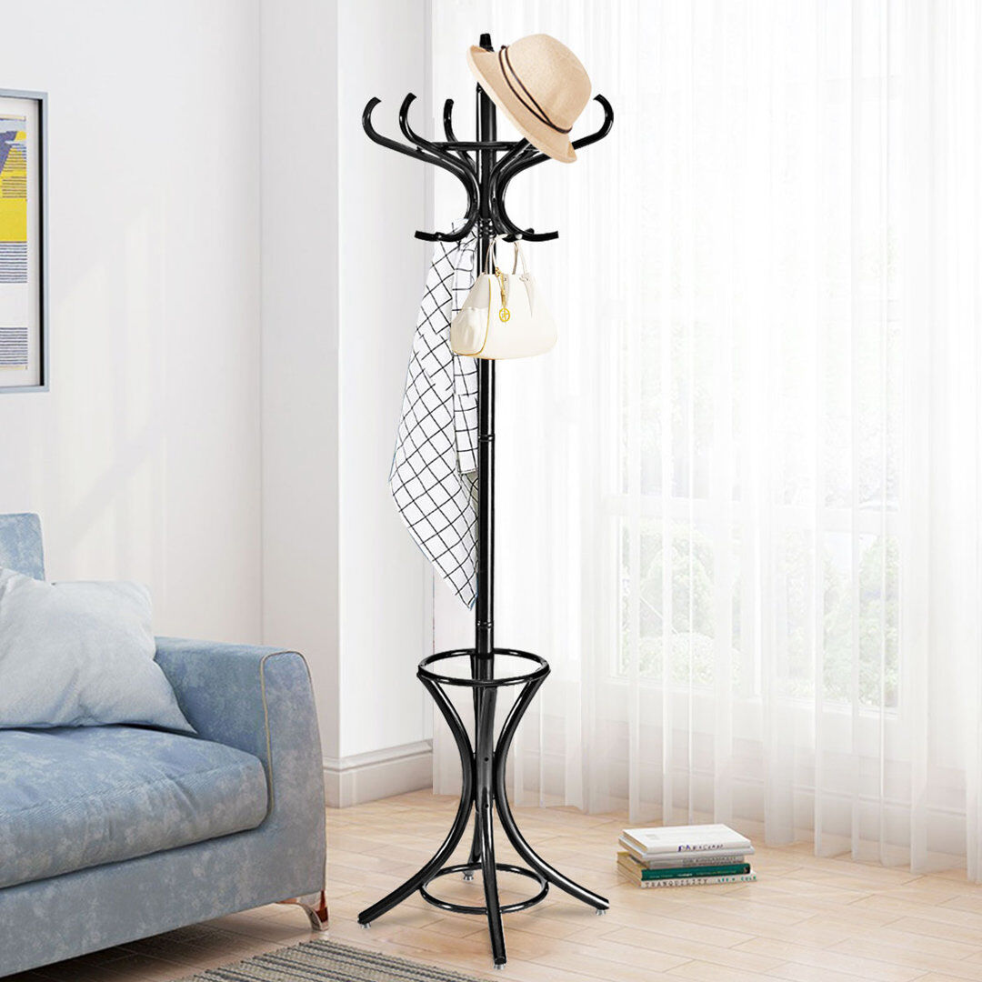 costway Solid Wood Freestanding 12 - Hook Coat Rack Black 186cm H X 51cm W X 51cm D