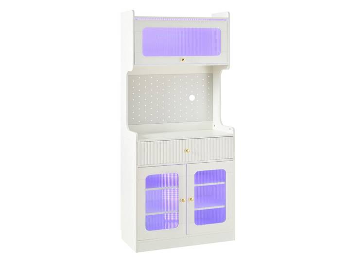 Evryae Buffet Multifunktionaler Küchenschrank mit Glasstruktur, Lochwand und Schublade Weiß modern Standardgröße, 2 Fächer, 1 Schubladen, Rechteckig, 80x180x40 cm, Esszimmer, Anrichten, Buffetschränke