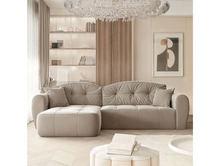 Canapé d'angle Réversible RAVEN - 5 places - Convertible avec Coffre - Tissu Velours - Gris-beige