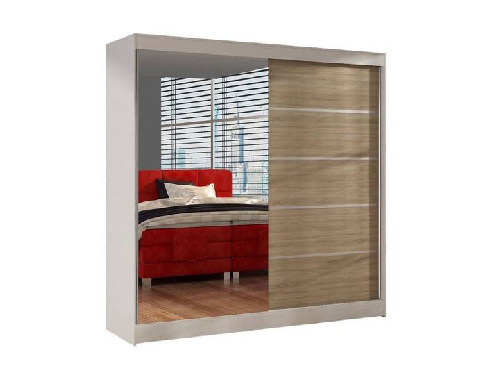 Sofnet Kleiderschrank Basti III (mit Spiegel, Schiebetüren und Kleiderstange) Schwebetürenschrank mit 2 Türen, Schiebetürenschrank - 200x215x58 cm