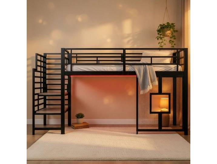 CollaHausse Structure Lit Mezzanine Métal 90x200cm Noire avec Escalier Rangements LED et Fenêtres