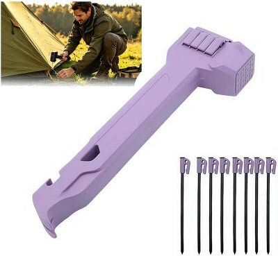 LightInthebox Camping Hammer with 8 Pegs, Tent Stake Driver, Puller Bottle Opener with Storage Handle, Lightweight Mallet for Outdoor Hiking Camping Backpacking