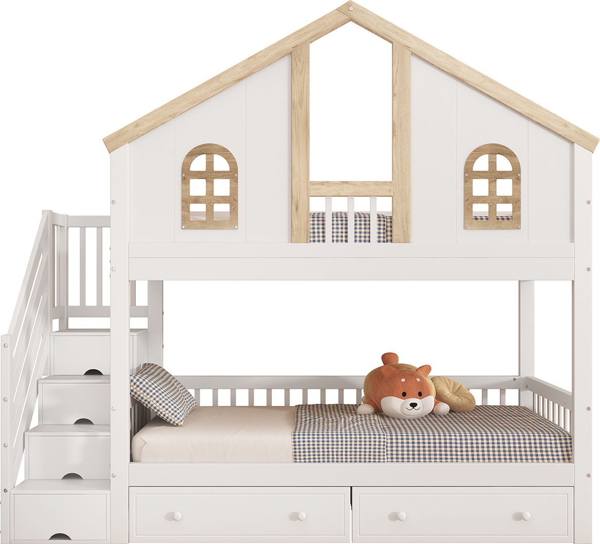 Etagenbett mit Farblich Abgesetztem Fallschutzgitter Fenster Schubladen und Vierstufigen Schrägleiter Kinderbett Hausbett 90x200cm Weiß+Natur