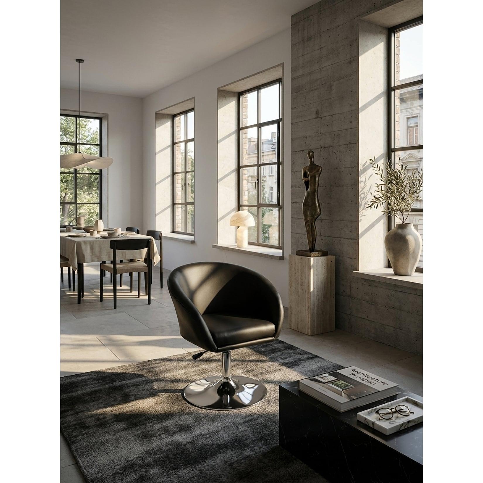 Loungesessel im Cocktail-Stil aus Kunstleder, höhenverstellbar und drehbar mit Chromfuß, Schwarz 62x55x84 cm