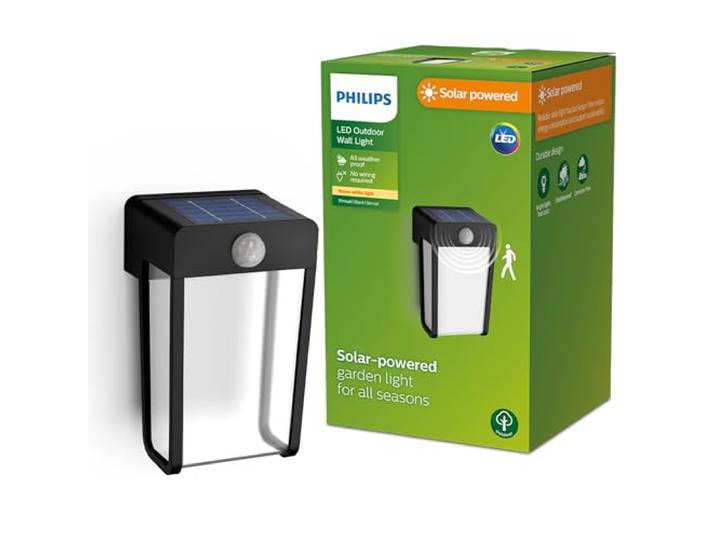 PHILIPS Outdoor Solar Shroud Wandleuchte 2,3W, Tageslicht- und Bewegungssensor, klar, 2700 Kelvin, IP44 wetterfest, schwarz