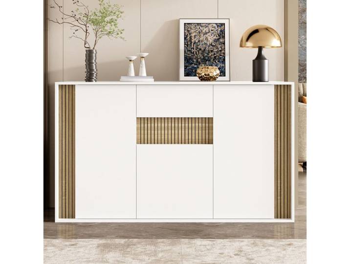 Buffet Bas 3 Portes 1 Tiroir Blanc Bois Enfilade Moderne FloraGrace Pour Salon Entrée Ou Salle A Manger LED Réglable 140x40x82cm