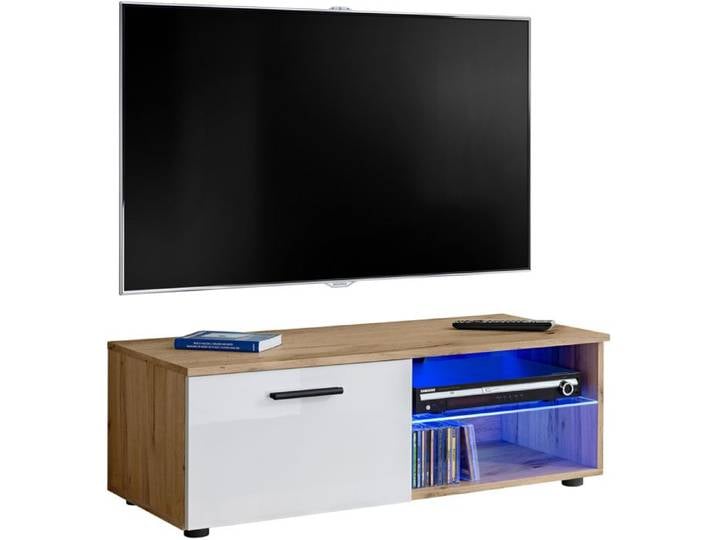 Meuble TV T32-100 Extreme Furniture - LED bleues - Blanc Brillant & Bois naturel - Façades en Brillant - L100cmxH34cmxP45cm
