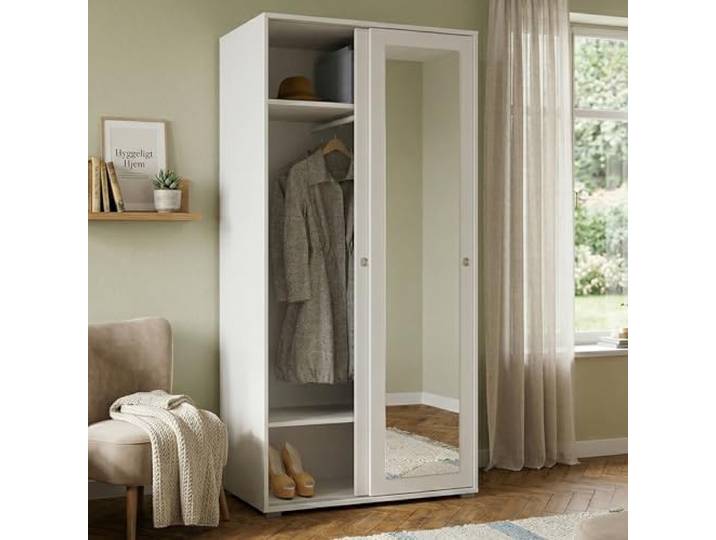 Dmora - 2-türiger Kleiderschrank Tulipano, Kleiderschrank mit 2 Schiebetüren und Spiegel, Schrank mit Kleiderstange und Regalen, 100 % Made in Italy, 90 x 45 x 195 cm, Weiß,