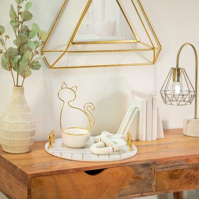 "Sagebrook Home 10"" Ceramic Cat Trinket Tray in White and Gold, Cat Shaped Jewelry Holder, Great Gift for Cat Lovers"