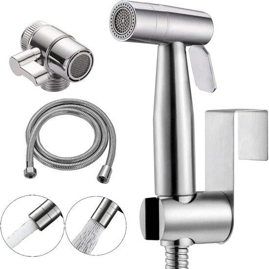 ABSOK Handdouche Bidet Toilet Sproeier met Dubbele Sproeimodus en 150 cm Slang - Geborsteld Zilver