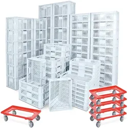 BRB 78 Stück Stapelkörbe/Bäckerkästen in 5 Größen, Grundmaß LxB 600 x 400 mm, H 90 mm, 150 mm, 240 mm, 320 mm, 410 mm, Farbe weiß, rot