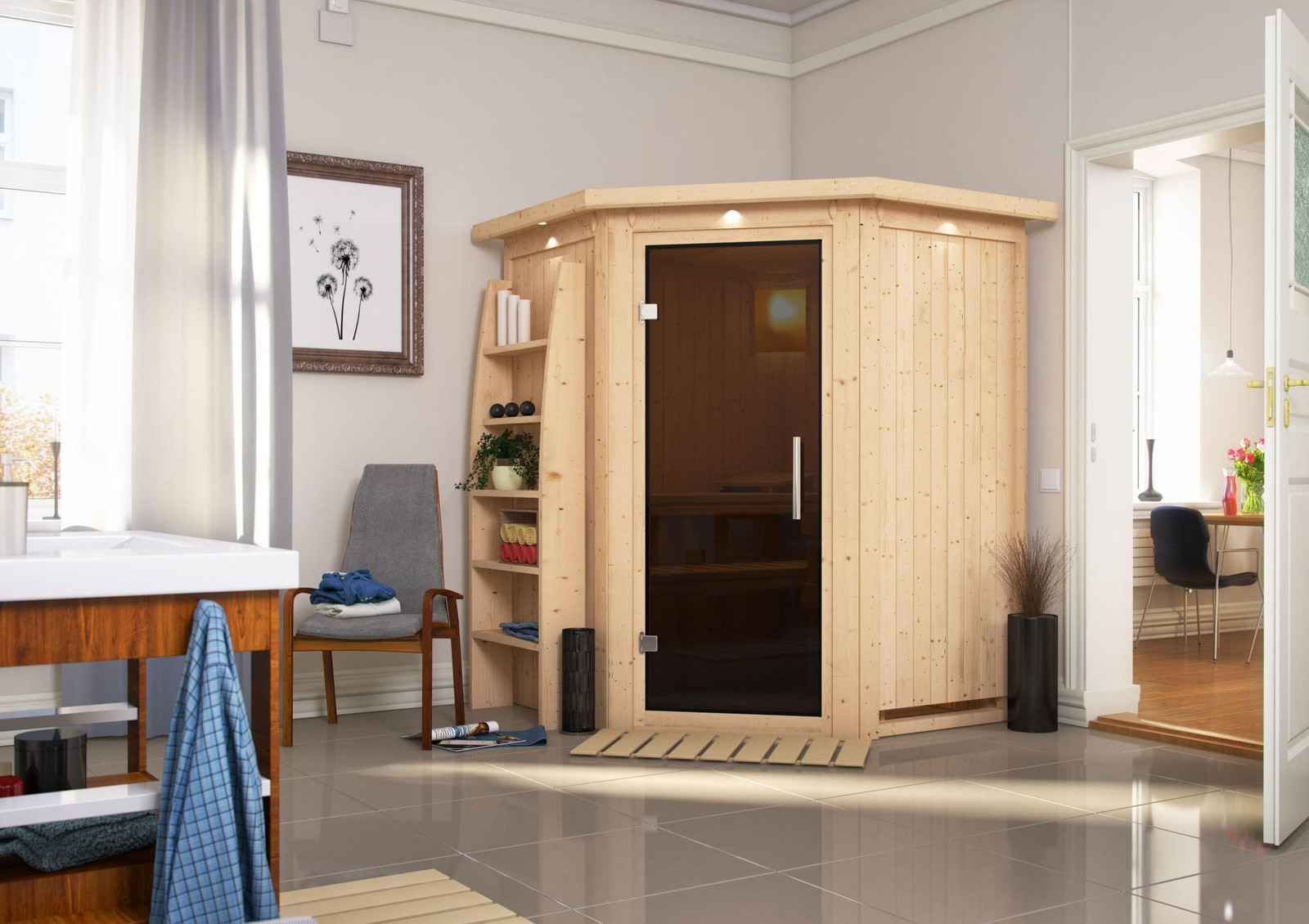 Karibu Sauna Larin met lichtgevende daklijst, 9 kW oven en grafiet glazen deur