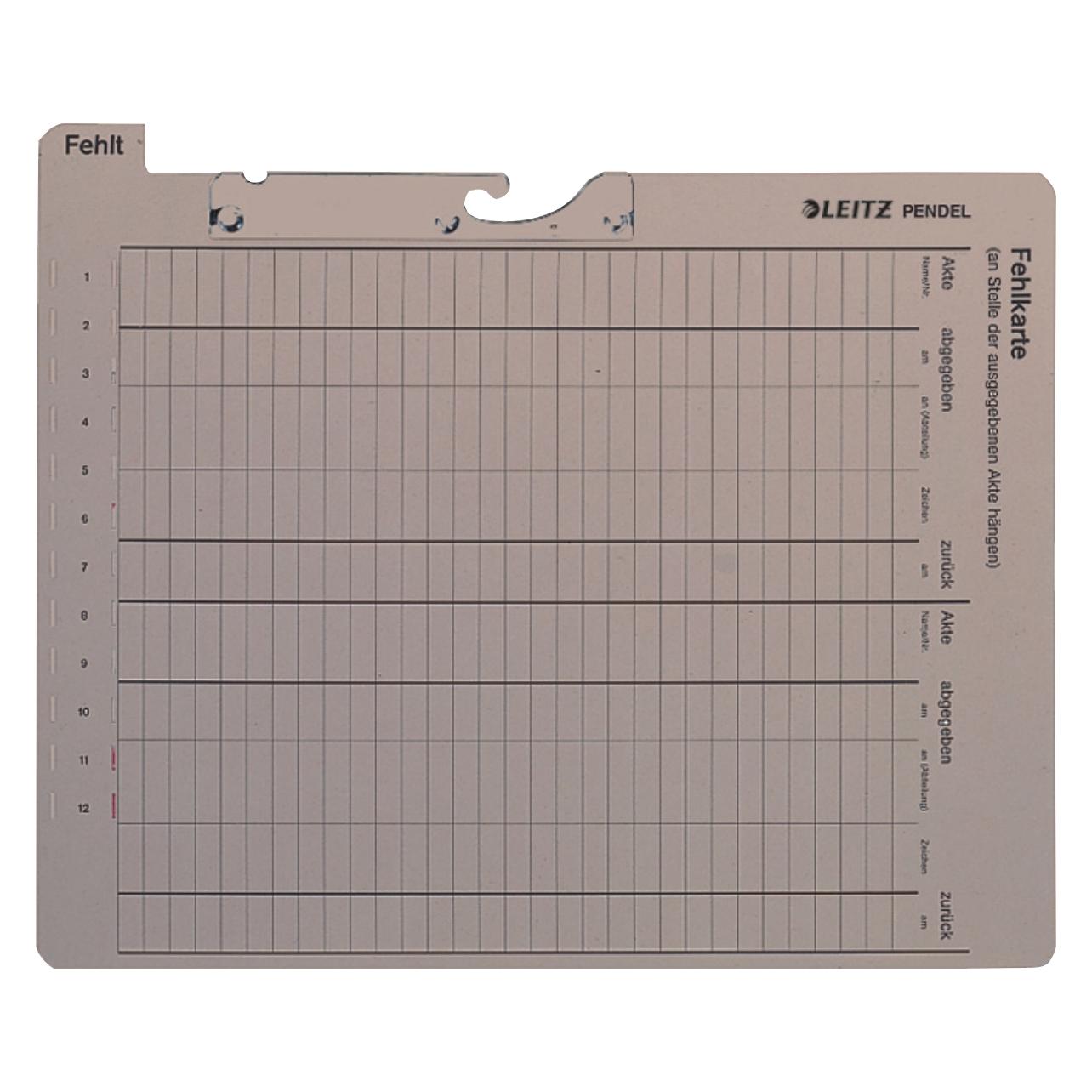 Leitz Pendelfehlkarte, mit Tab "Fehlt", grau Manilakarton, 450 g-qm, Schlitzstanzung für Stecksignale (2028-00-85)