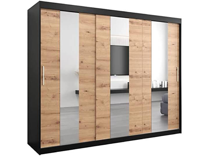 MEBLE KRYSPOL Pole 250 Schlafzimmerschrank mit DREI Schiebetüren, Spiegel, Kleiderstange und Regalen – 250x200x62cm - Mattschwarz + Artisan
