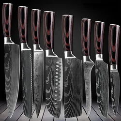 Muxel Profi Messer Set, Scharfe Kochmesser aus Edelstahl im Damast Stil Farbiger Holzgriff Extrem scharfe Klingen