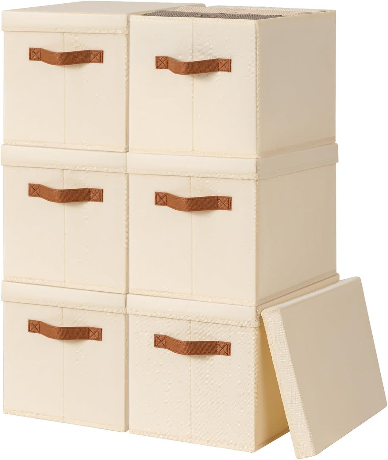Set van 6 inklapbare opbergboxen met deksel en transparant venster, textiel, solid