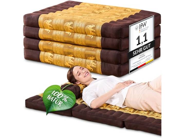 Namasdee Klappmatratze 200x80x8cm mit 100% natürlicher Kapokfüllung (Braun/Gold/Elefanten Seide)