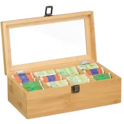Relaxdays Teebox mit 10 Fächern Hellbraun,Transparent
