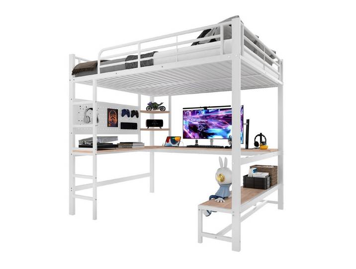 ANYSUN Hochbett mit Schreibtisch, Geländer, Trittleiter, mehrere Ablagen (Set, Bett)