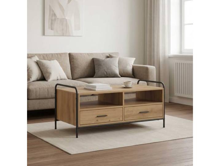 KMVXCVNM Couchtisch Rechteckig 99,5x49x46 cm mit 2 Schubladen Praktischer Tisch fürs Wohnzimmer mit verzinktem Stahlgestell, vier Ablagefächern und schwarzen Griffen.